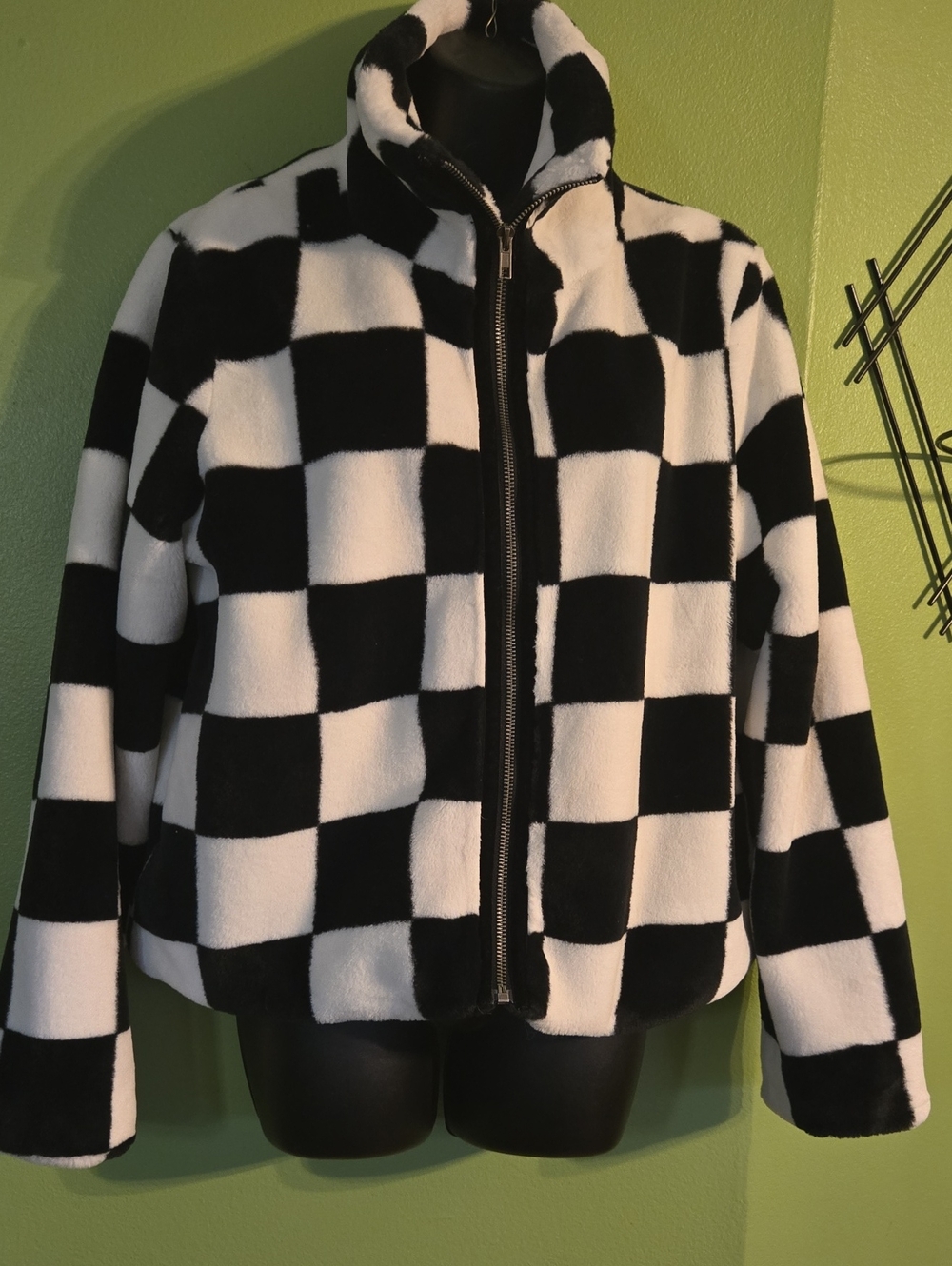 Mystree Black & White Checkered Teddy Zip Jacket